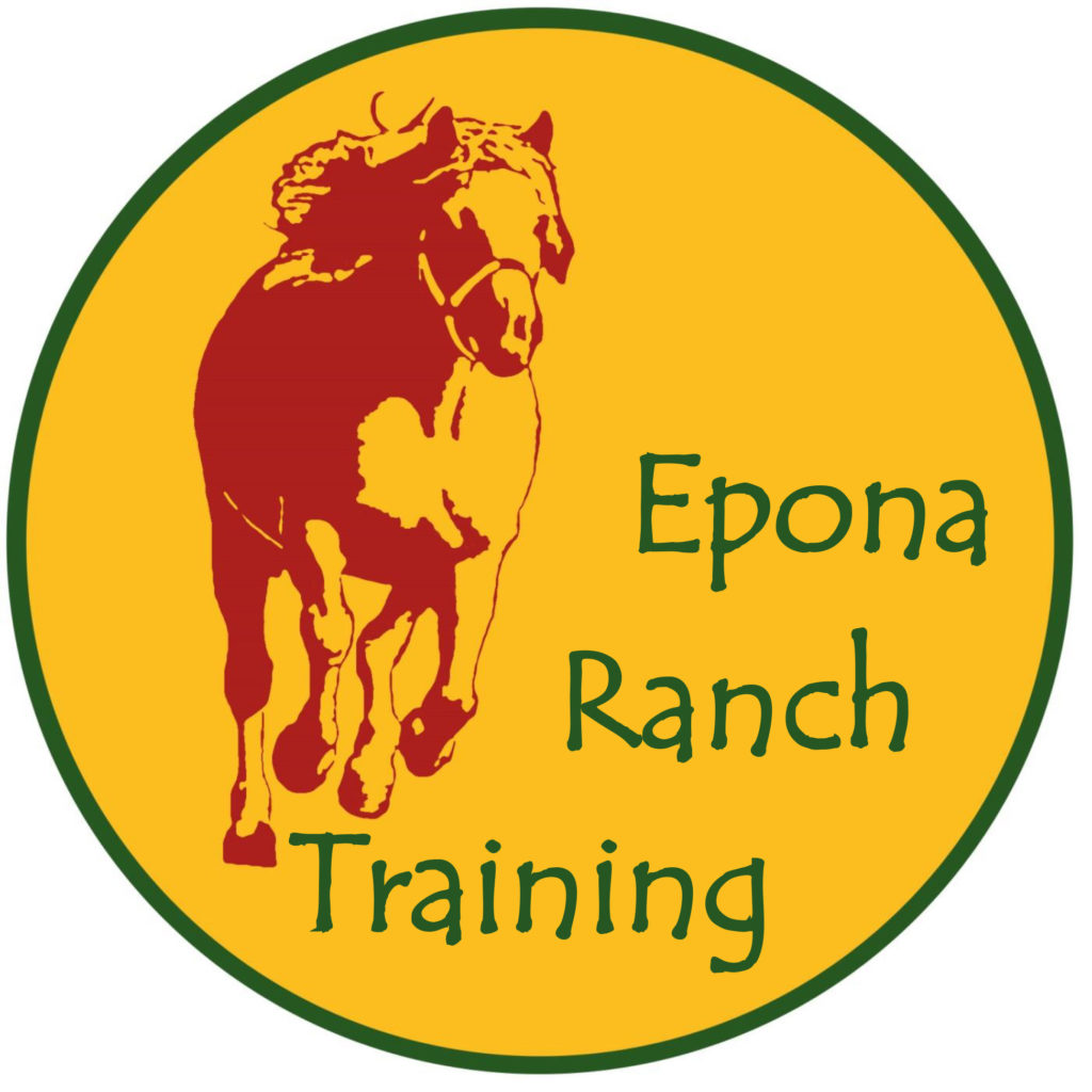 Das Logo der Epona Ranch: Ein rotes Pferd galoppiert auf gelben Grund in einem grünen Kreis.
